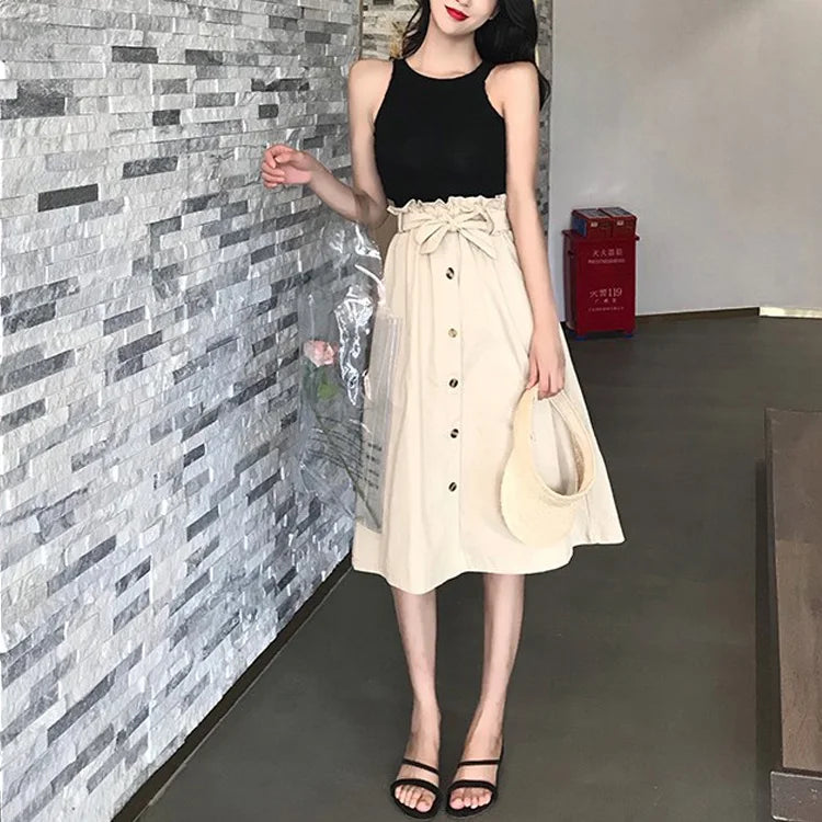 Summer Autumn Skirts Womens Midi Knee Length Korean Elegant Button High Waist Skirt Female Pleated School Skirt