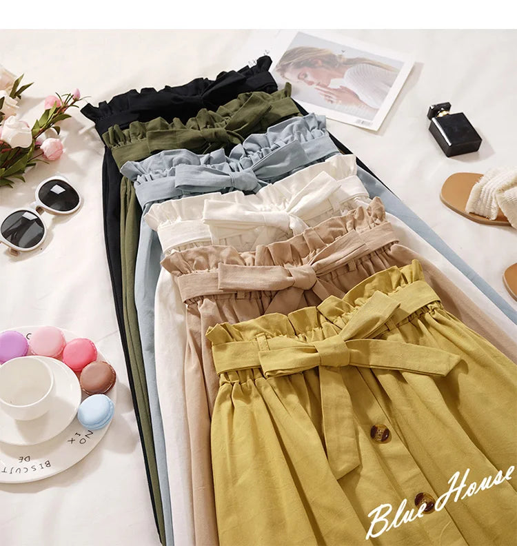 Summer Autumn Skirts Womens Midi Knee Length Korean Elegant Button High Waist Skirt Female Pleated School Skirt