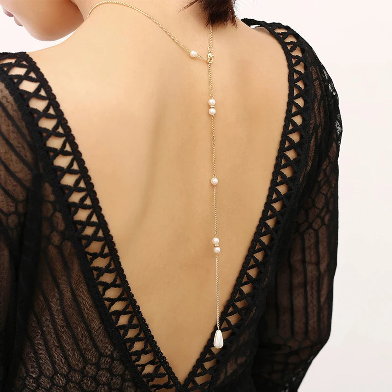 Women Long Necklace Body Sexy Chain Bare Back Water Drop Pearl Pendant Necklaces Backdrop Beach Body Jewelry Chain Necklace
