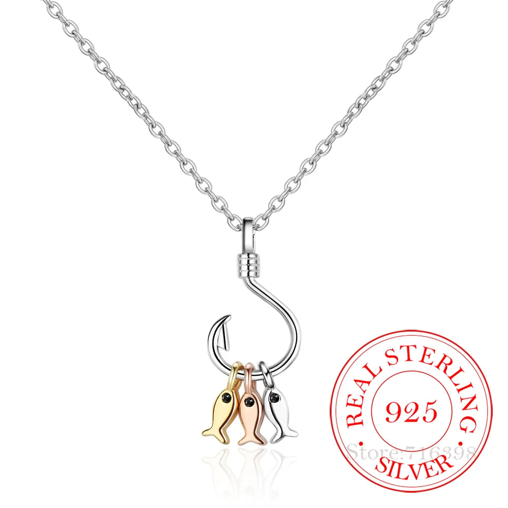925 Sterling Silver Necklace For Women Cute Fish and Fish Hook Necklace Colar De Prata Chain Jewelry