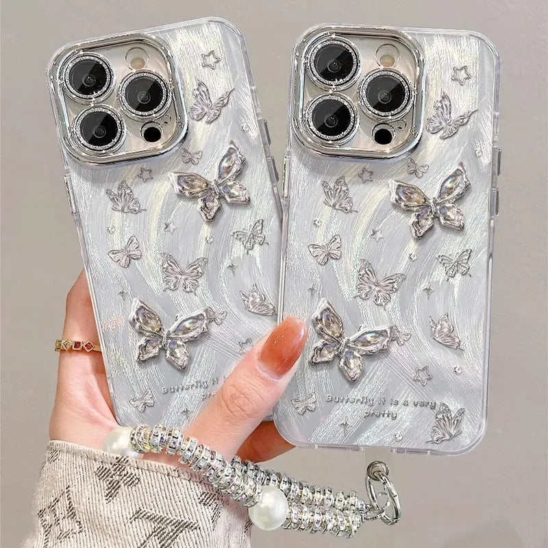 Metal Bracelet Butterfly Camera Lens Protection Film PC Mobile Phone Cover Case for Iphone X Xr Xs 11 12 13 14 15 16 Pro Max
