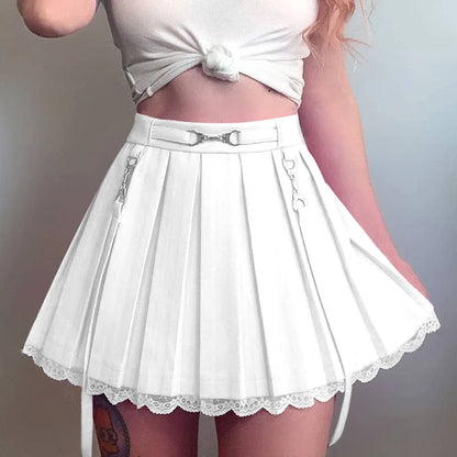 Women Skirts 2021 New Straps Decor Harakuju Lolita High Waist Mini Pleated Skirt School Girls Lace Hem Cute Streetwear