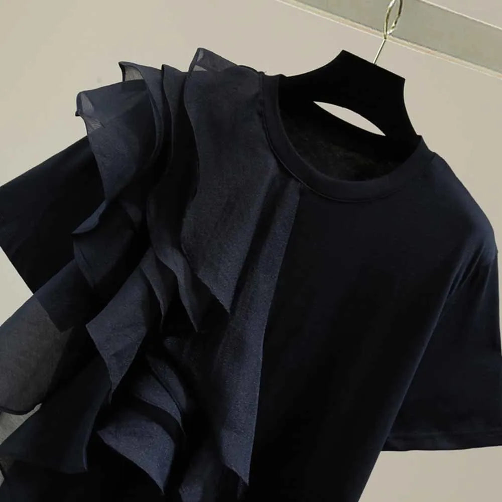 Patchwork Ruffle White Tops For Women O Neck Short Sleeve Casual T Shirt Female Fashion New Clothing 2022 Summer