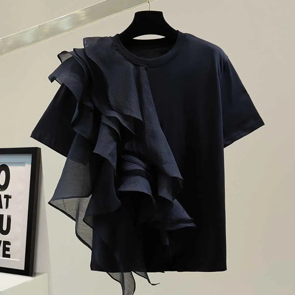 Patchwork Ruffle White Tops For Women O Neck Short Sleeve Casual T Shirt Female Fashion New Clothing 2022 Summer