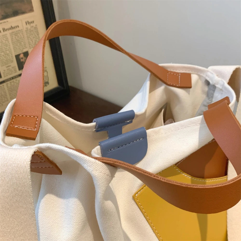 Large Capacity Canvas Tote Bags for Women 2021 New Contrast Color Bucket Travel Bag Simple Fashion Girl's Shopper Shoulder Totes