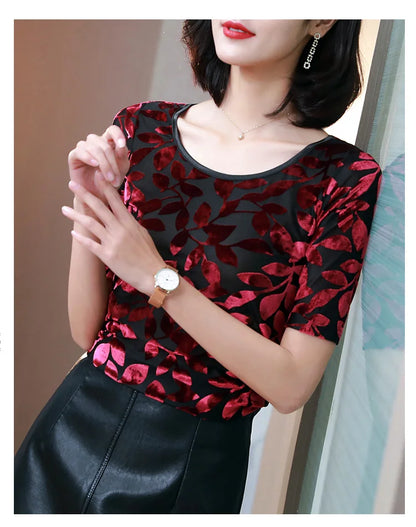 New Summer tops for Women Round neck Velvet burnt flower gauze t-shirt Short sleeve Women shirt