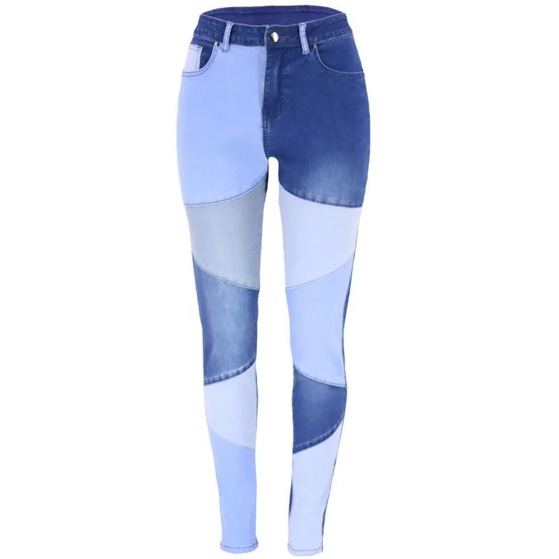 Fashionable Women's High Waist Denim Skinny Leggings High Quality Pencil Jeans Color Block Patchwork 3D Fall Spring Summer