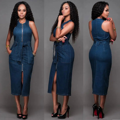 Dresses for Women 2023 Sexy Sleeveless Front Pocket Belt Zipper Slit Slim Fit Bodycon Denim Dress vestido de mujer  femme robe