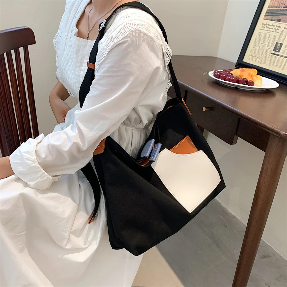 Large Capacity Canvas Tote Bags for Women 2021 New Contrast Color Bucket Travel Bag Simple Fashion Girl's Shopper Shoulder Totes