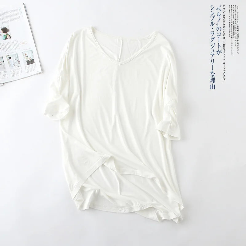 Fashion Tops Tees 2024 Summer T-shirt Women Half-Sleeve Solid Loose Shirt V-neck Oversize Basic Top Shirts for Women Casual