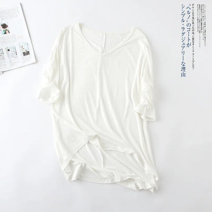 Fashion Tops Tees 2024 Summer T-shirt Women Half-Sleeve Solid Loose Shirt V-neck Oversize Basic Top Shirts for Women Casual