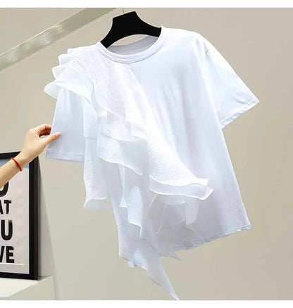 Patchwork Ruffle White Tops For Women O Neck Short Sleeve Casual T Shirt Female Fashion New Clothing 2022 Summer