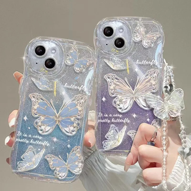 Luxury Gradient With Bracelet Chain Wave Phone Case for Iphone 14 13 12 11 15 Pro Max Glitter Bling Butterfly Mobile Phone Cases