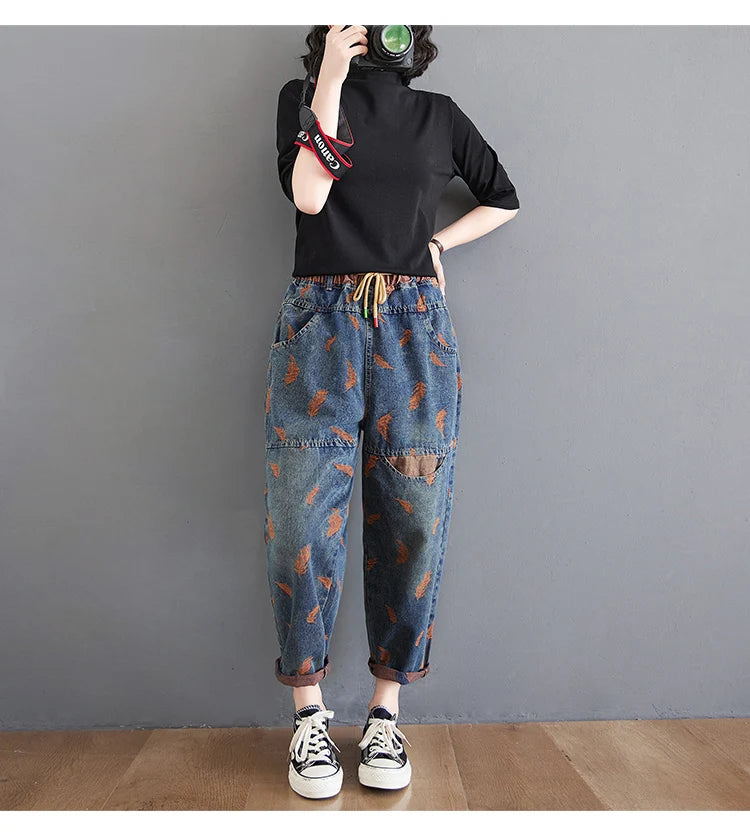 Jeans For Women Spring Street Feather Embroidery Color Contrast Loose Thin Drawstring Pockets Elastic Waist Denim Pants Female