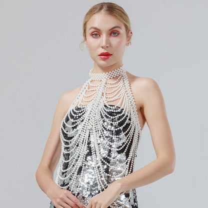 Sexy Women Pearl Shawl Necklaces Collar Shoulder Long Chain Pendants Necklaces Sweater Chain Wedding Dress Jewelry Accessories