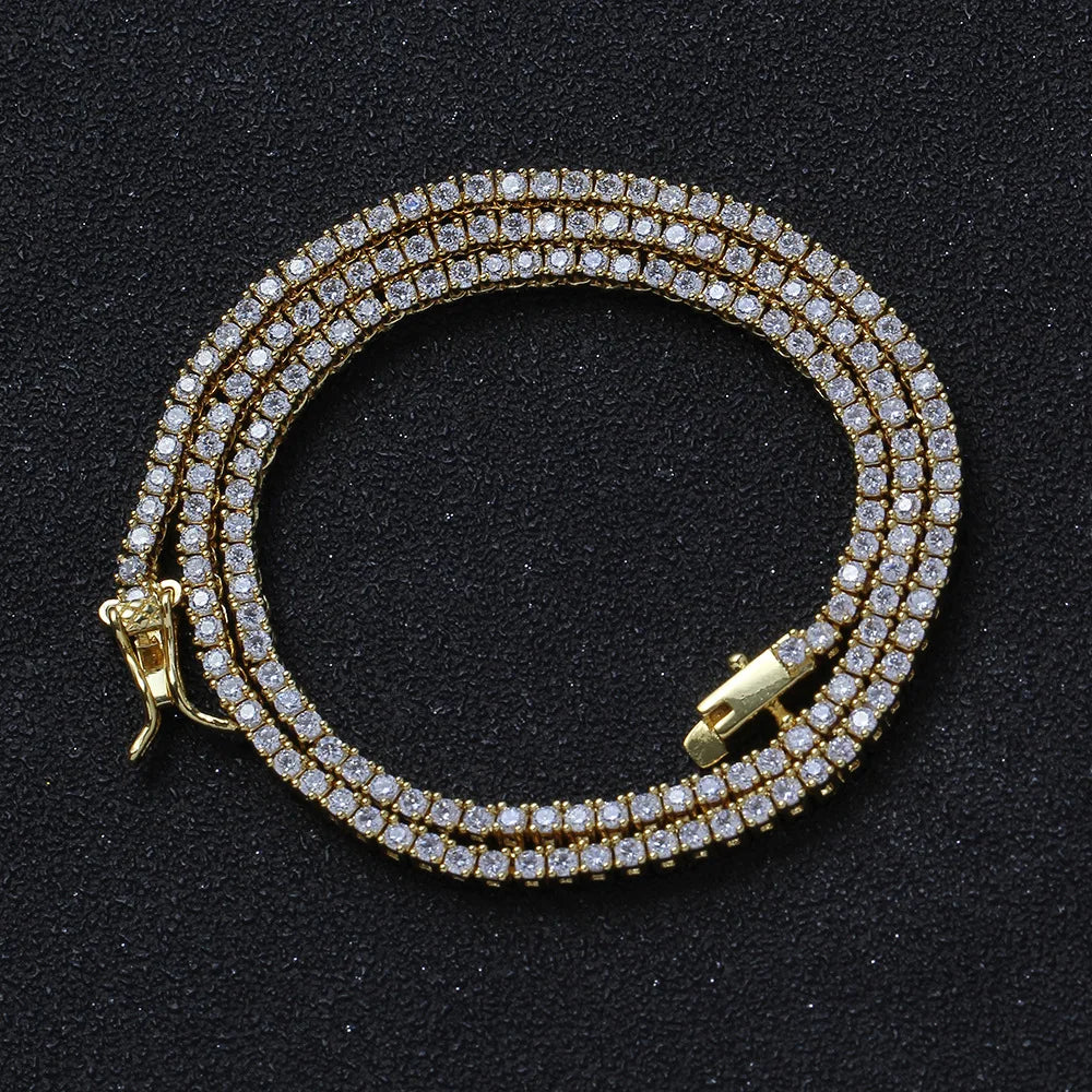 Tennis Necklace & Bracelet for Women – 2mm Pave Zircon Chain, Gold-Plated Brass, 6–20 Inch Lengths
