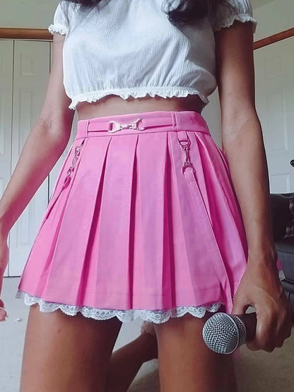 Women Skirts 2021 New Straps Decor Harakuju Lolita High Waist Mini Pleated Skirt School Girls Lace Hem Cute Streetwear