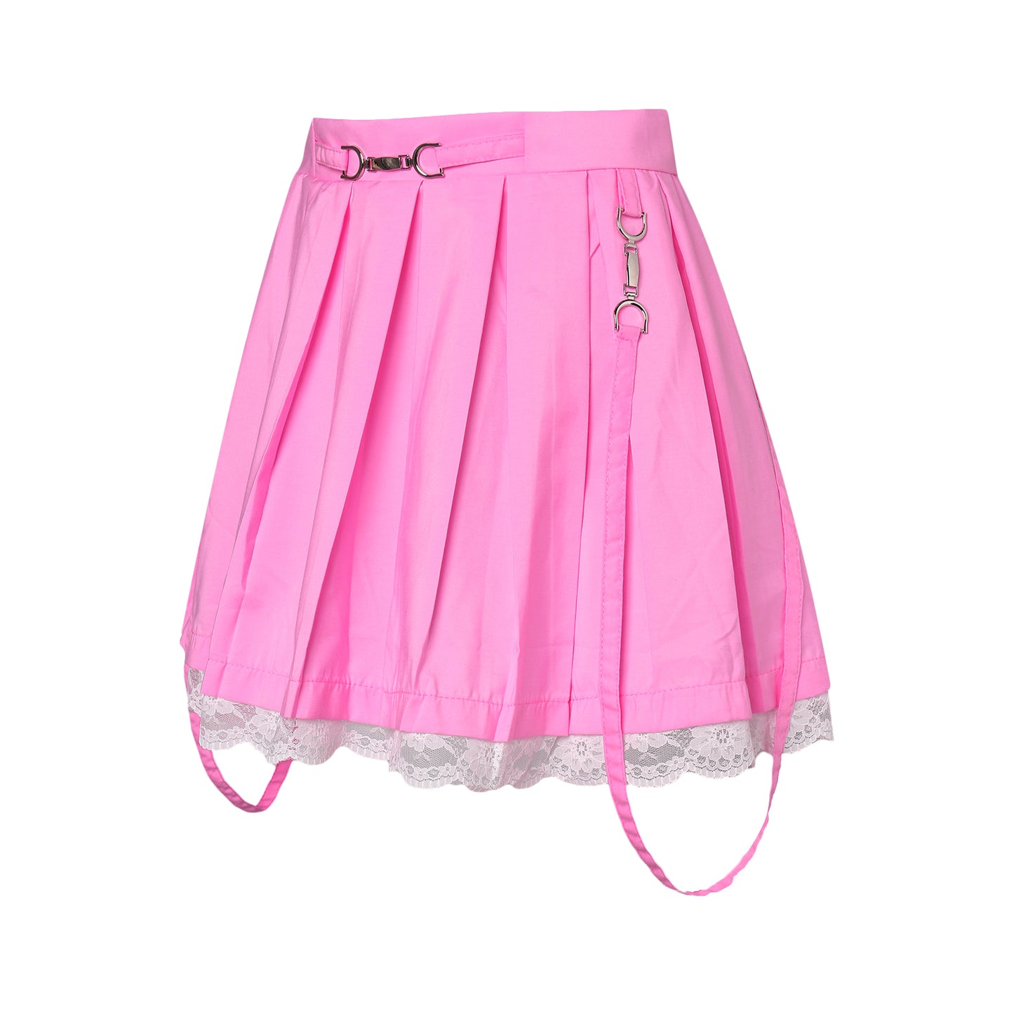 Women Skirts 2021 New Straps Decor Harakuju Lolita High Waist Mini Pleated Skirt School Girls Lace Hem Cute Streetwear