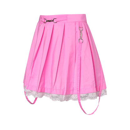 Women Skirts 2021 New Straps Decor Harakuju Lolita High Waist Mini Pleated Skirt School Girls Lace Hem Cute Streetwear