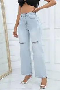 2025 Women's High Waist Straight Jeans Elegant Vintage Denim Fabric with Woven Weave Fashionable Hip Hop Style for Autumn