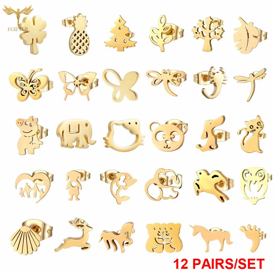 Wholesale Stainless Steel Earrings for Women Girl Animal Clover Flower Cat Bird Unicorn Bear Butterfly Dragonfly Dog Ear Studs