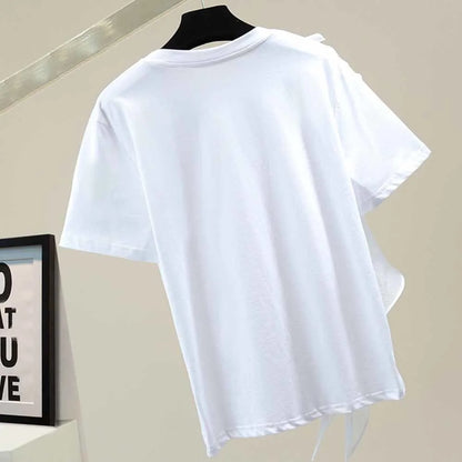 Patchwork Ruffle White Tops For Women O Neck Short Sleeve Casual T Shirt Female Fashion New Clothing 2022 Summer