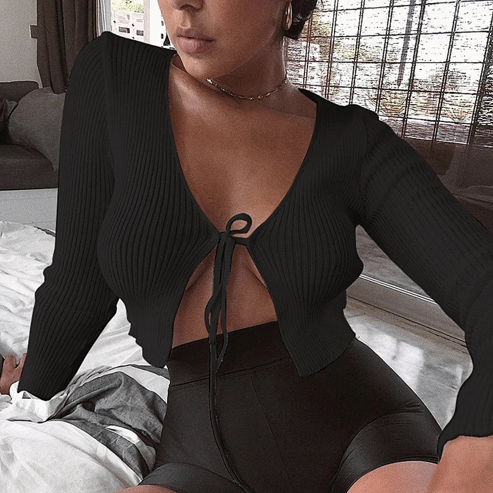 Women's Top With Knitted Ties Front Long Sleeve Blouses Cardigan Black White Short Tops Female Sexy Beach Club Wear