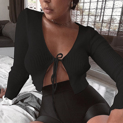 Women's Top With Knitted Ties Front Long Sleeve Blouses Cardigan Black White Short Tops Female Sexy Beach Club Wear