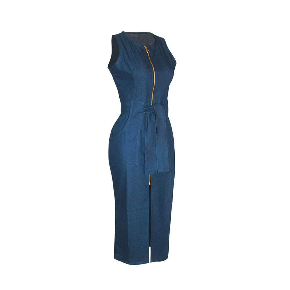 Dresses for Women 2023 Sexy Sleeveless Front Pocket Belt Zipper Slit Slim Fit Bodycon Denim Dress vestido de mujer  femme robe