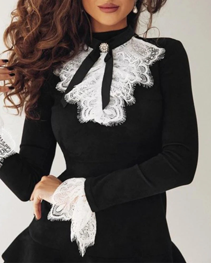 2025 Women's Dresses Fashion Elegant Sexy Long Sleeve Lace Bell Sleeve Ruffle Dress OL Classic Romantic Patchwork Mini Dress