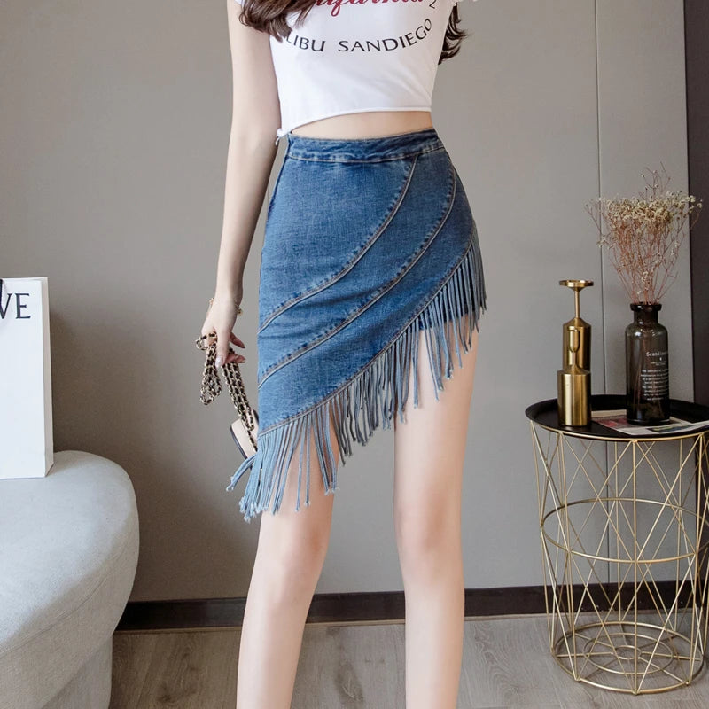 Korean New Tassel Summer Denim Skirt Zipper High Waist Korean Short Skirt Women Mini Jeans Skirt Sexy Warp Vintage Skirts