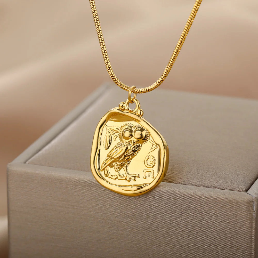Vintage Coin Necklaces For Women Owl Choker Pendant Necklace Collar Bohemia Carved Freedom Letter Jewelry Gift Bijoux Femme