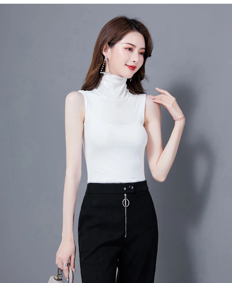 Summer Tops For Women 2025 Turtleneck Basic Sleeveless Lace Tank Tops Women Female Top Korean Tees Black White Blue