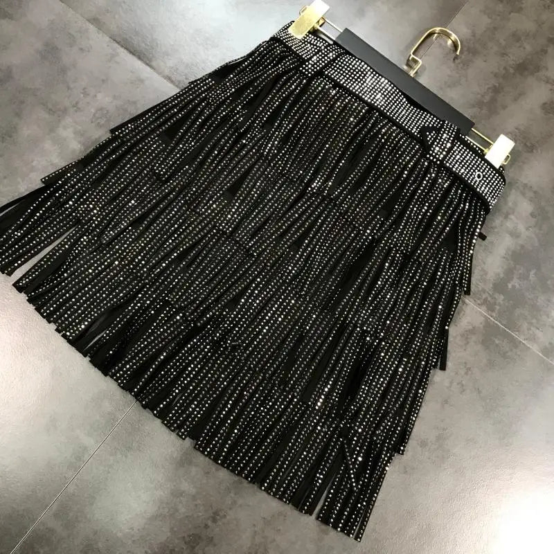 Women Skirt Fashion 2025 New Autumn High Waist Belt Multi Layer Short  Heavy Drilling Rhinestones Fringed Skirt with Cake A Line