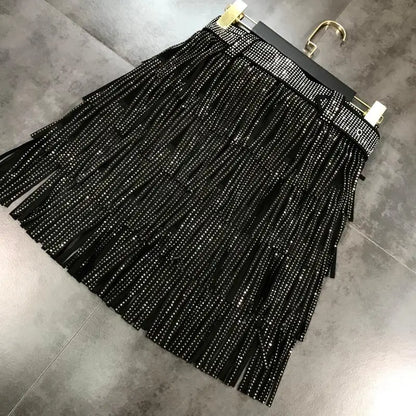 Women Skirt Fashion 2025 New Autumn High Waist Belt Multi Layer Short  Heavy Drilling Rhinestones Fringed Skirt with Cake A Line