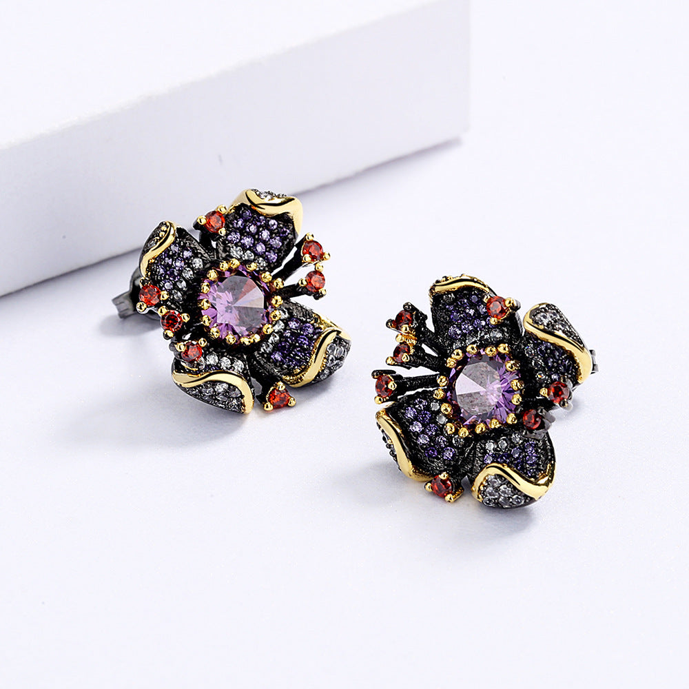 New European and American Flower Earrings Sunflower Zircon Earrings Black Gold Earrings Women's Bridal Earrings