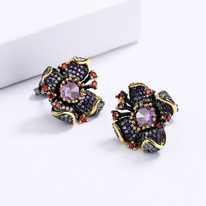 New European and American Flower Earrings Sunflower Zircon Earrings Black Gold Earrings Women's Bridal Earrings