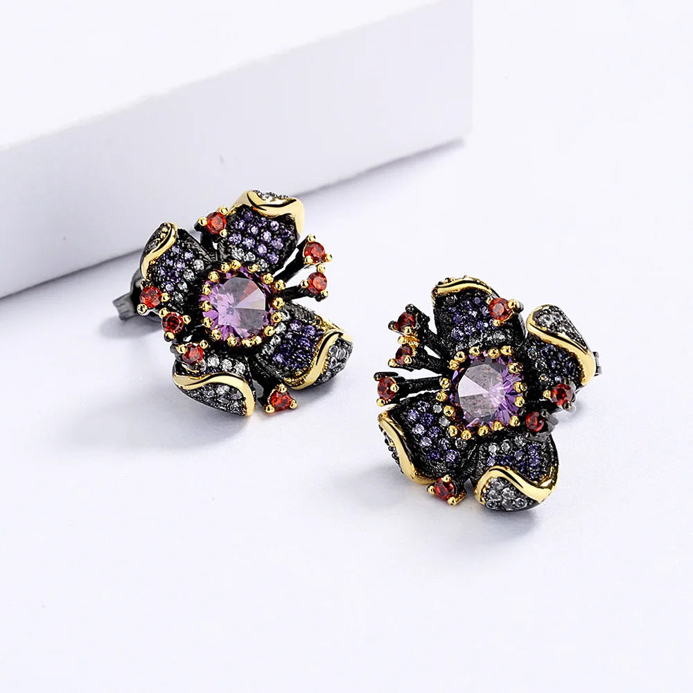 New European and American Flower Earrings Sunflower Zircon Earrings Black Gold Earrings Women's Bridal Earrings