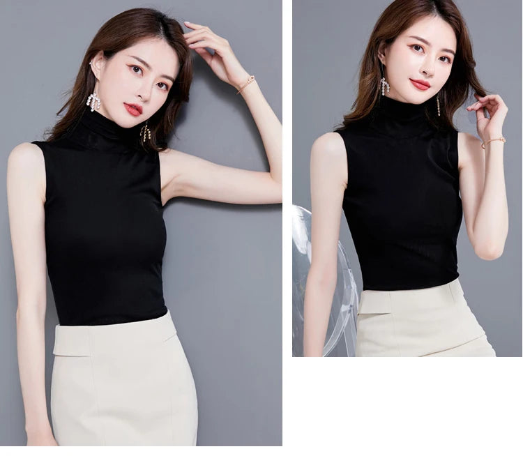 Summer Tops For Women 2025 Turtleneck Basic Sleeveless Lace Tank Tops Women Female Top Korean Tees Black White Blue