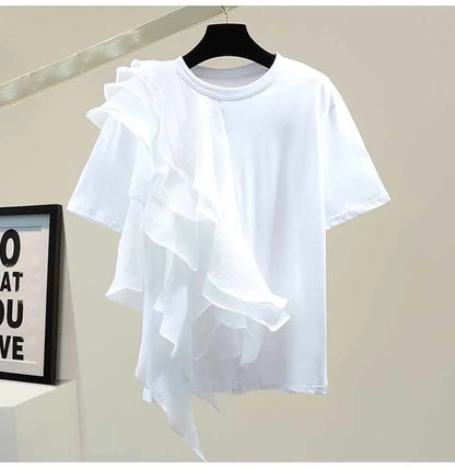 Patchwork Ruffle White Tops For Women O Neck Short Sleeve Casual T Shirt Female Fashion New Clothing 2022 Summer