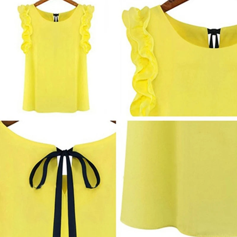 Women Blouse Tops Summer Fashion Lotus Leaf O-Neck Casual Shirt Ladies Bow Tie Chiffon Blouse White Tops 2023 New Women's Shirt