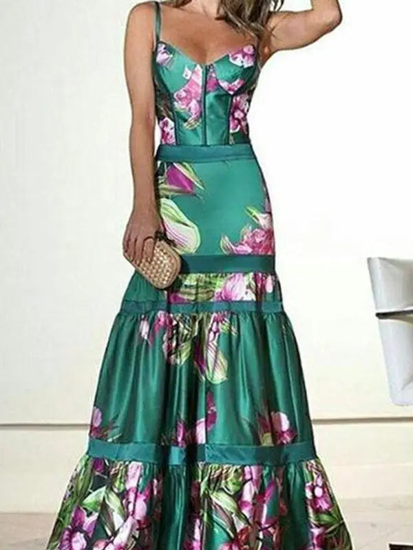 Evening Party Dresses Women Natural Silk Dress Retro Floral Print Maxi Dress Ladies Strap Pleated Oversized Dress Vestidos