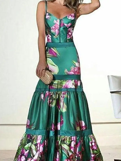 Evening Party Dresses Women Natural Silk Dress Retro Floral Print Maxi Dress Ladies Strap Pleated Oversized Dress Vestidos