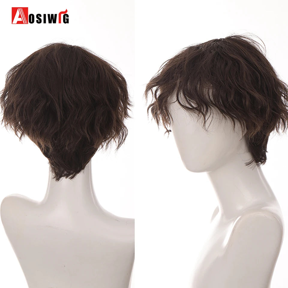 AOSIWIG  Short Curly Cosplay Men Boy Party Light Yellow Synthetic Heat Resistant Hair Wigs Men's Breathable Wig