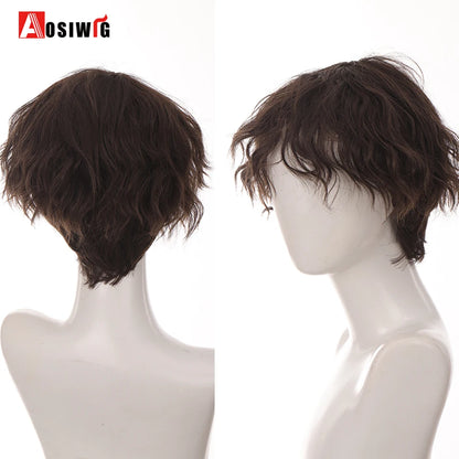 AOSIWIG  Short Curly Cosplay Men Boy Party Light Yellow Synthetic Heat Resistant Hair Wigs Men's Breathable Wig