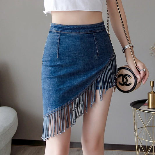 Korean New Tassel Summer Denim Skirt Zipper High Waist Korean Short Skirt Women Mini Jeans Skirt Sexy Warp Vintage Skirts