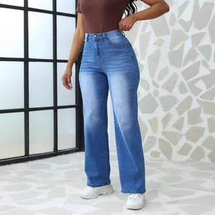 2025 Women's High Waist Straight Jeans Elegant Vintage Denim Fabric with Woven Weave Fashionable Hip Hop Style for Autumn