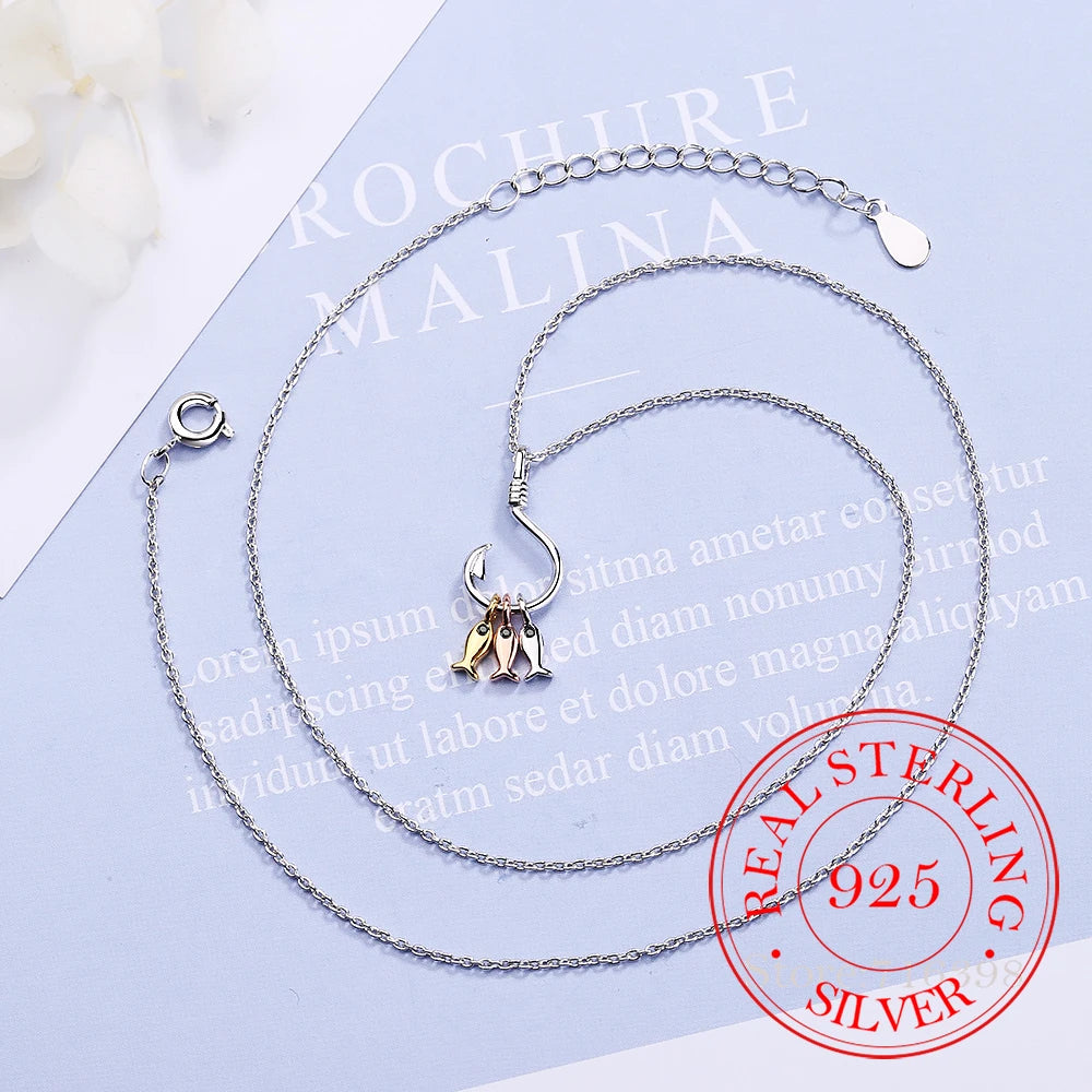 925 Sterling Silver Necklace For Women Cute Fish and Fish Hook Necklace Colar De Prata Chain Jewelry