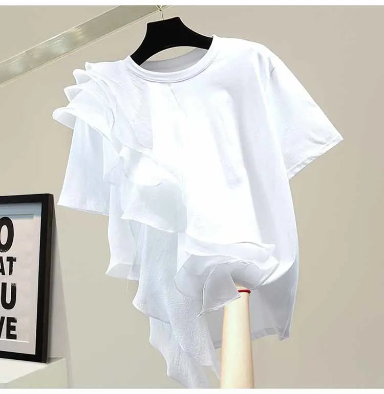Patchwork Ruffle White Tops For Women O Neck Short Sleeve Casual T Shirt Female Fashion New Clothing 2022 Summer