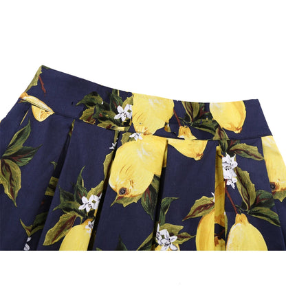 2025 Summer French High Waist Pleated Skirts Blue 50s Vintage Casual Dance Party Skirt Sexy Cute Midi Lemon Skater Women Clothes